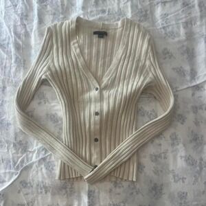 American Eagle Outfitters Women's Cream and White Cardigan